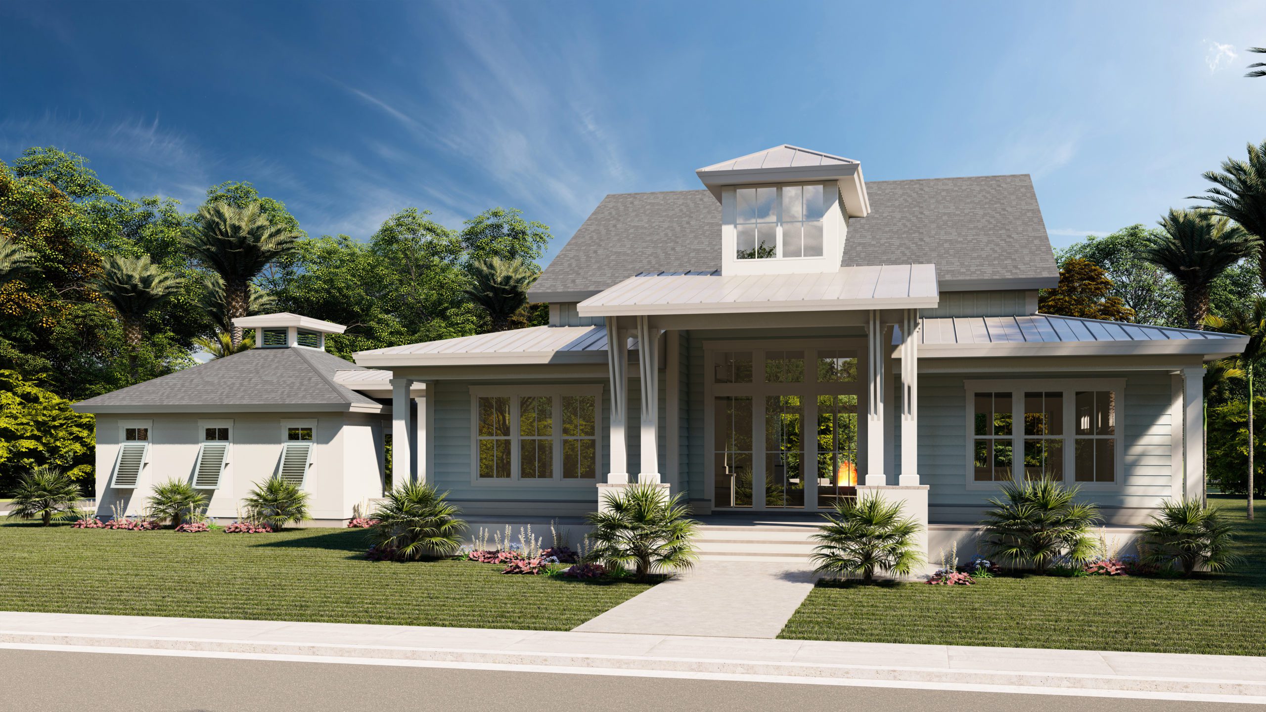 Rendering of a custom built home design including landscaping