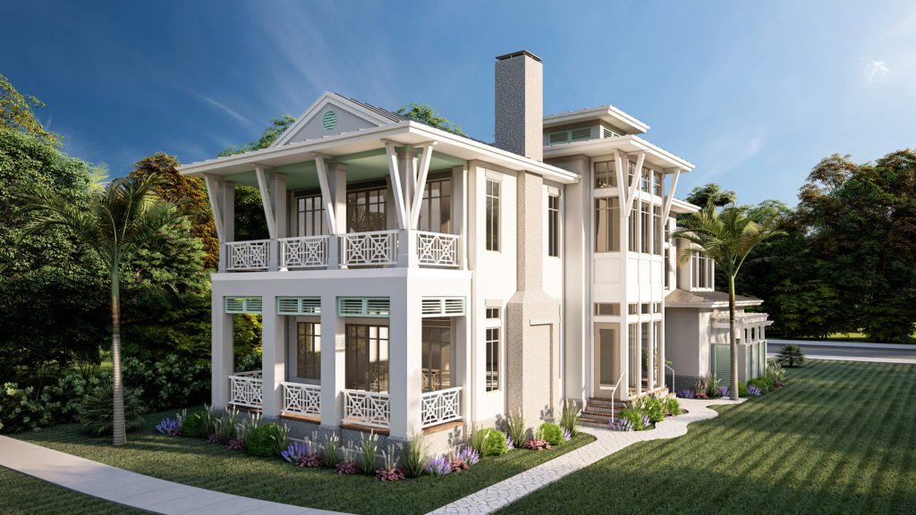 Rendering of a large southern-style home with double covered porches visible